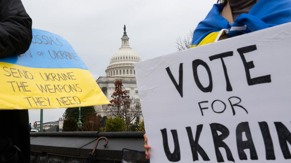 Supporters of aid for Ukraine outside the U.S. Capitol on February 11. 